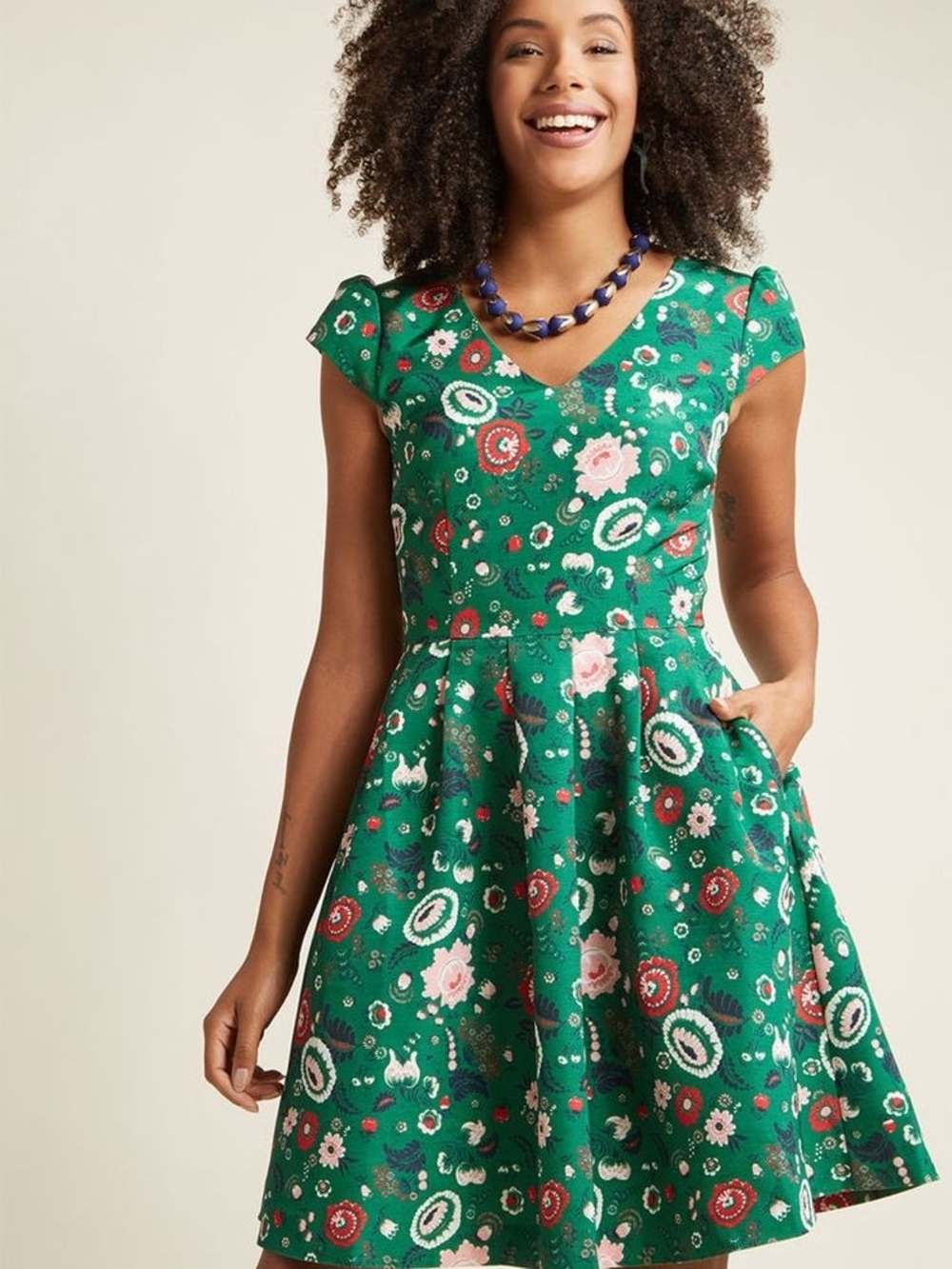 Modcloth Green Floral Fit-and-Flare Dress with V-Neck Size XL